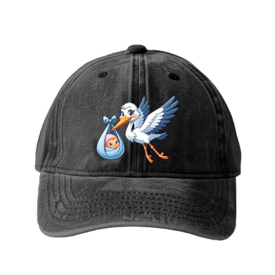Stork Carrying Newborn Baby in Blue Blanket - Washed Denim Baseball Caps