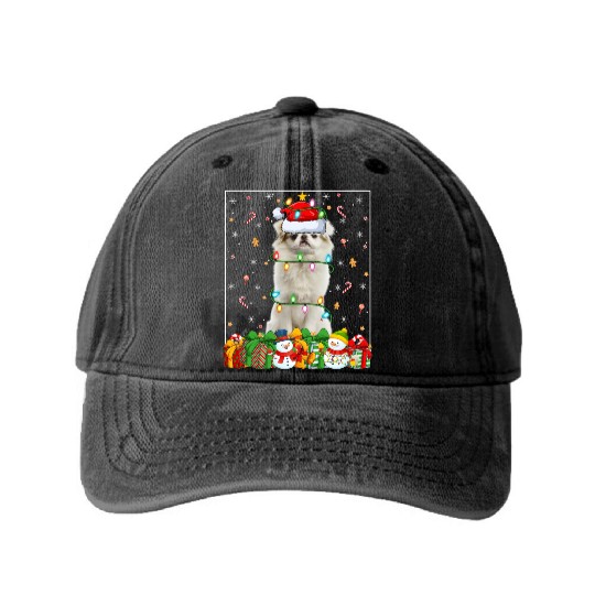 Japanese Chin Dog Christmas Lights Washed Denim Baseball Caps