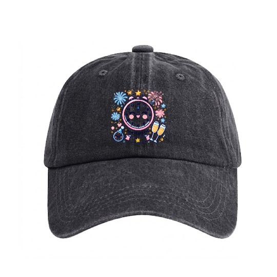 Celebrate New Year's Eve, Fun Clock and Fireworks Washed Denim Baseball Caps