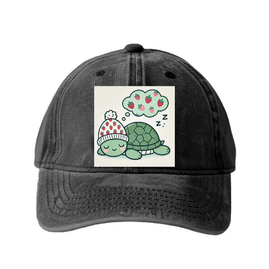 Dreamy Turtle Snooze strawberries Washed Denim Baseball Caps