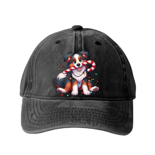 Christmas Dog Australian Shepard Lights Washed Denim Baseball Caps