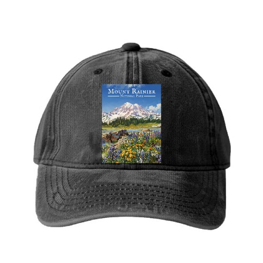 Mount Rainier Paradise Meadows Washed Denim Baseball Caps