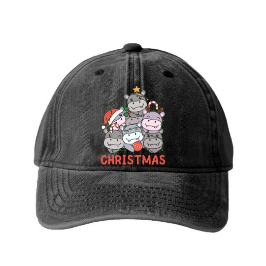 Hippo Christmas Tree Merry Christmas Washed Denim Baseball Caps
