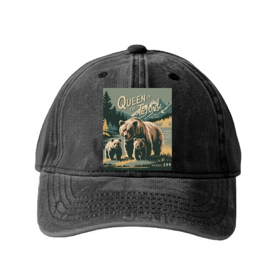 Queen of the Tetons Grizzly 399 Vintage Nature Art Washed Denim Baseball Caps