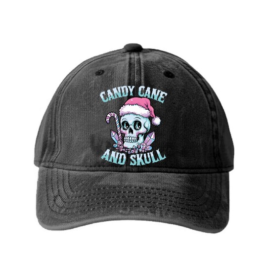 Candy Cane And Skull Pastel Goth Christmas Skull Washed Denim Baseball Caps