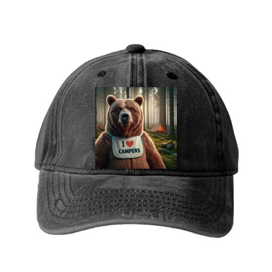 I love campers Grizzly bear with bib Washed Denim Baseball Caps