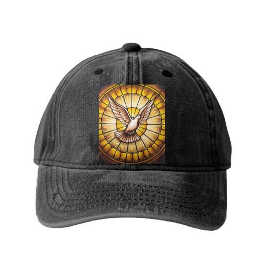 Stained Glass Dove in Flight - Peace & Spiritualit Washed Denim Baseball Caps