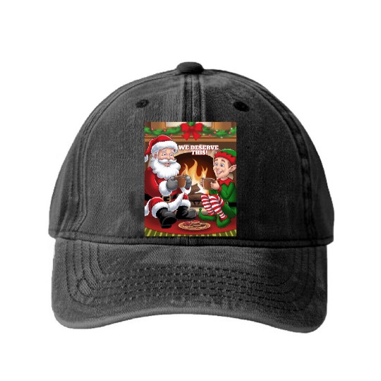 We Deserve This! Santa Claus And Elf Relaxing Washed Denim Baseball Caps