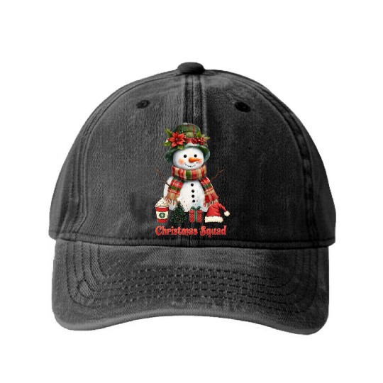 Snowman Christmas Family Gathering Washed Denim Baseball Caps