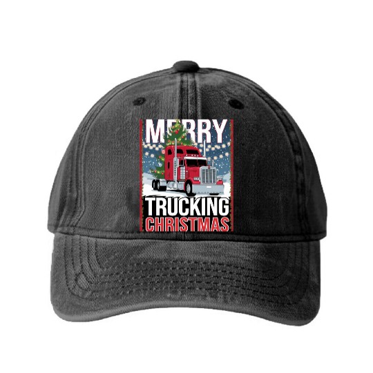 Merry Trucking Christmas Festive Semi-Truck Card Washed Denim Baseball Caps