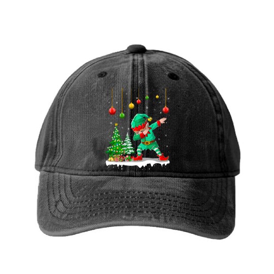Dabbing Elf Christmas Tree Lights Xmas Family Washed Denim Baseball Caps