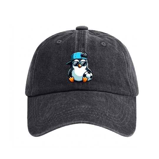Cute Penguin Cartoon Soccer Player Washed Denim Baseball Caps
