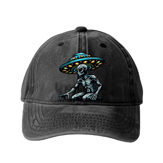 Grey Alien UFO Washed Denim Baseball Caps