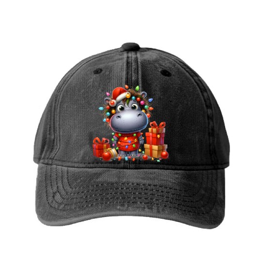 Christmas Merry Christmas For Gift Christmas Hippo Washed Denim Baseball Caps