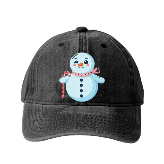 Whimsical Snowman with Candy Cane Washed Denim Baseball Caps