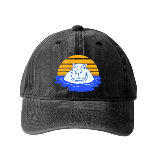 Hippo Swimming Water Sun Cute Happy Comic Cartoon Washed Denim Baseball Caps