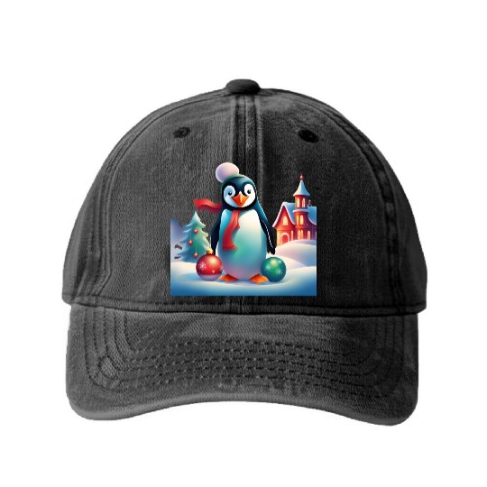 Christmas Merry Christmas For Gift Penguin Snowman Washed Denim Baseball Caps