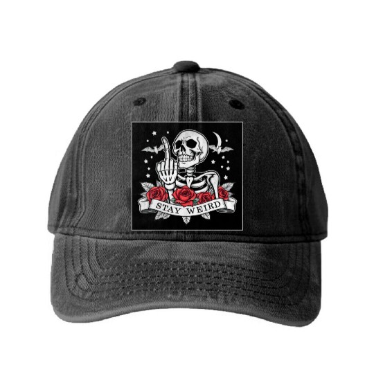 Stay weird skeleton middle finger Washed Denim Baseball Caps
