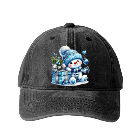 Cute Snowman, Christmas Snowman, Merry Christmas Washed Denim Baseball Caps