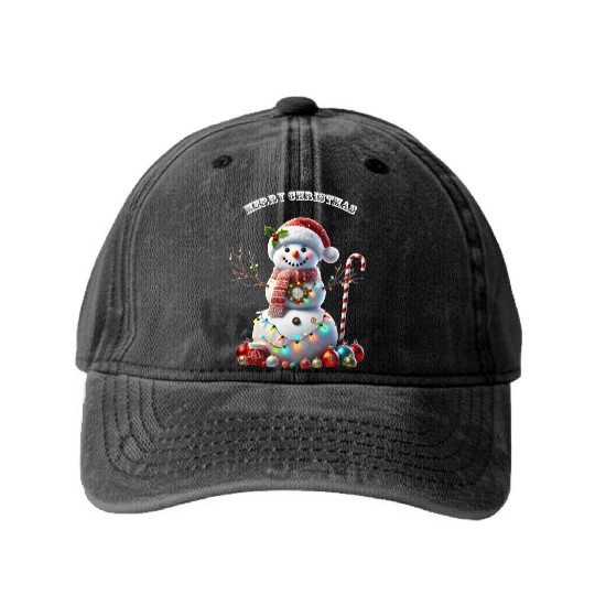 Christmas Holiday Snowman with Decorations URM Washed Denim Baseball Caps