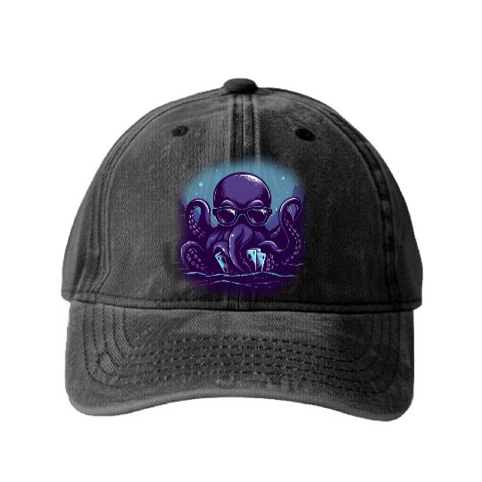 Blue Smart Octopus Washed Denim Baseball Caps