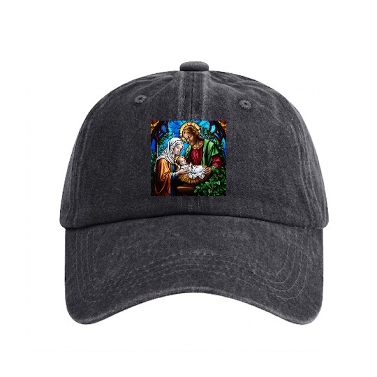 Holly family cristal stained glass image Washed Denim Baseball Caps