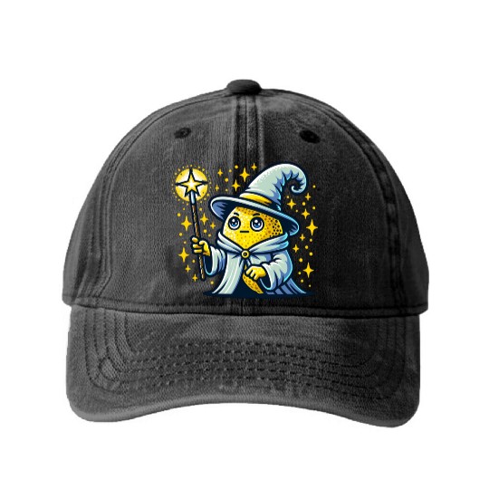 Cute Wizard Lemon with Magic Wand Washed Denim Baseball Caps