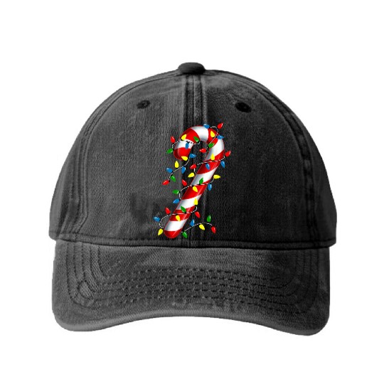 Candy Cane Merry and Bright Christmas Lights Candy Washed Denim Baseball Caps