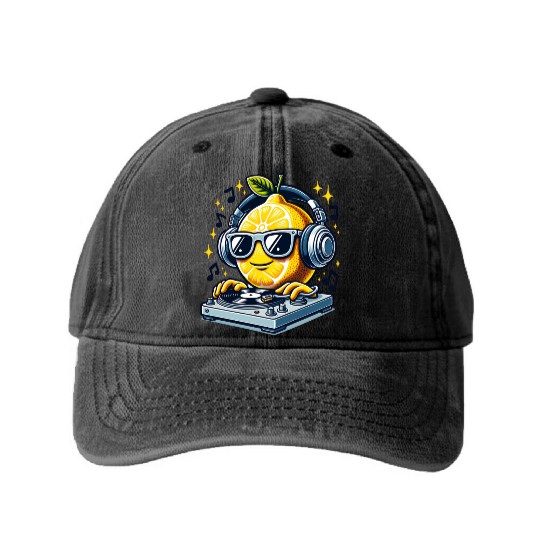 DJ Lemon Groove with Headphones and Turntable Washed Denim Baseball Caps