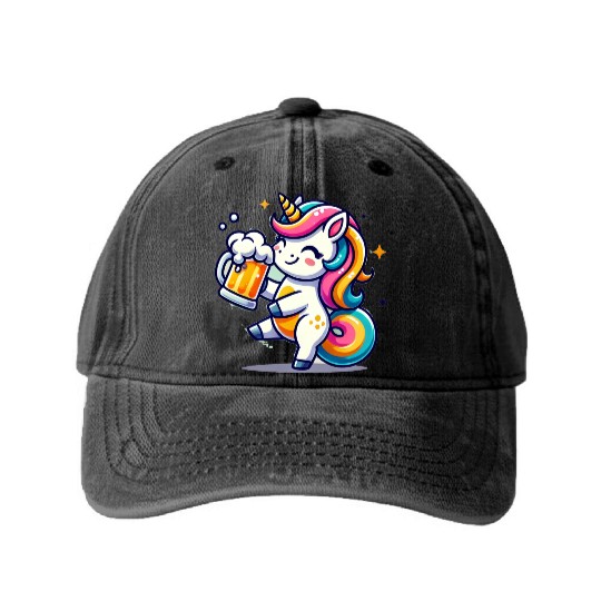 Cute Unicorn Drinking Beer Washed Denim Baseball Caps