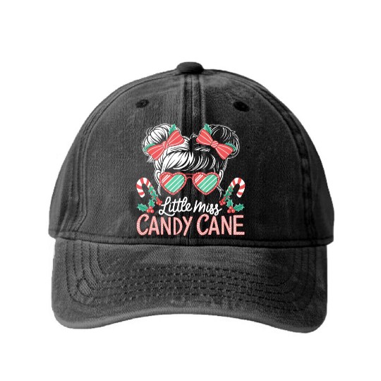 Little Miss Candy Cane Christmas Messy Bun Toddler Washed Denim Baseball Caps