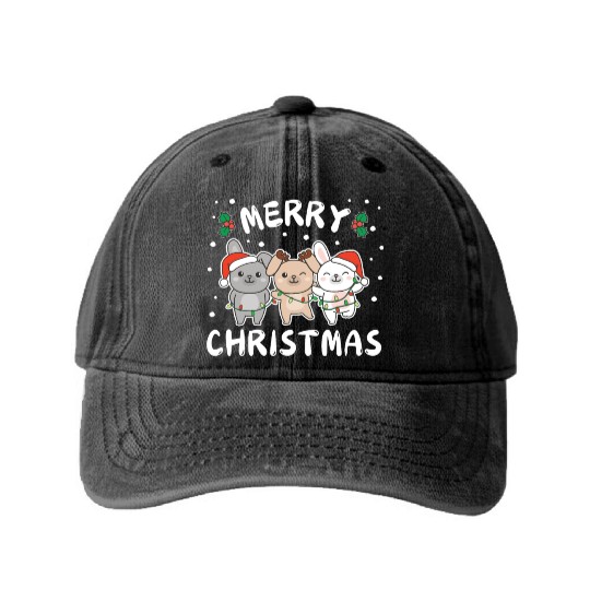 Merry Christmas Cute Bunny Festive Lights Bunny Washed Denim Baseball Caps
