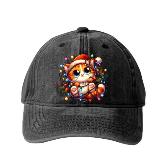 Whimsical Cat’s Christmas Lights Adventure Washed Denim Baseball Caps