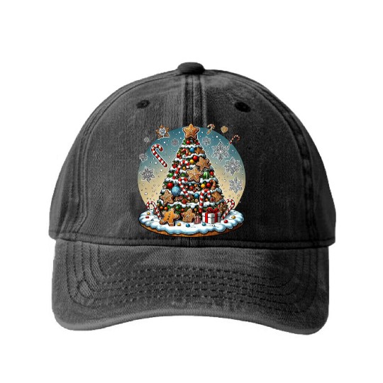 Gingerbread Candy Cane Christmas Tree Washed Denim Baseball Caps