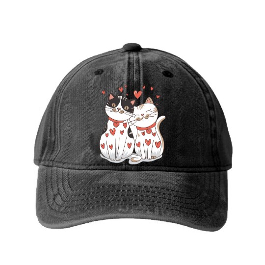 Cat Couple, Valentines, Valentines Day Washed Denim Baseball Caps