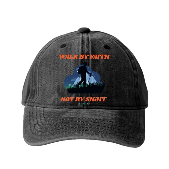 Walk By Faith Not By Sight Verse Washed Denim Baseball Caps
