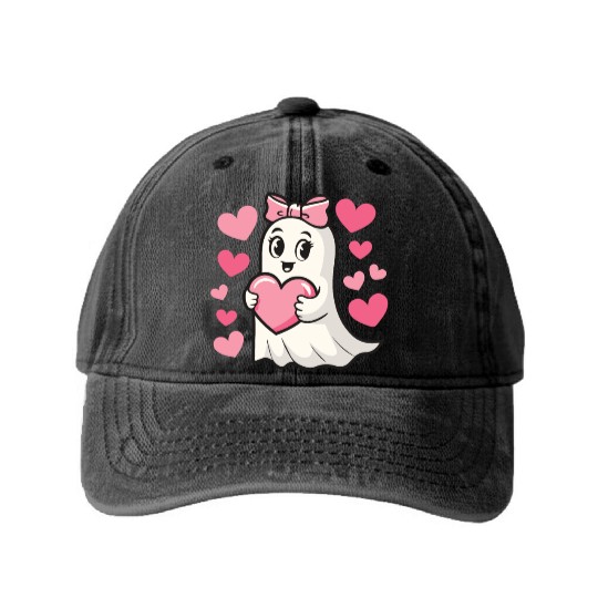 Ghost Heart, Valentines Day, Retro Valentines Washed Denim Baseball Caps