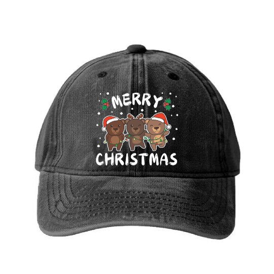 Merry Christmas Cute Bear Festive Lights Bear Washed Denim Baseball Caps