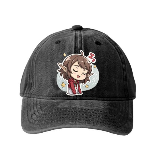 Adorable Sleepy Elf Art Print for Cozy Comfort Washed Denim Baseball Caps