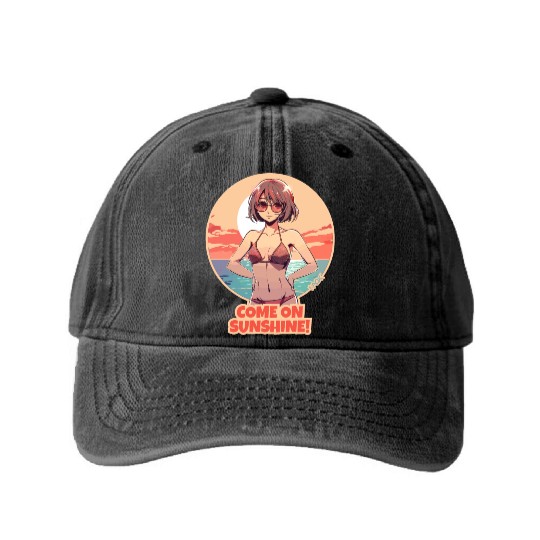 Come On, Sunshine Girl on Vacation Washed Denim Baseball Caps