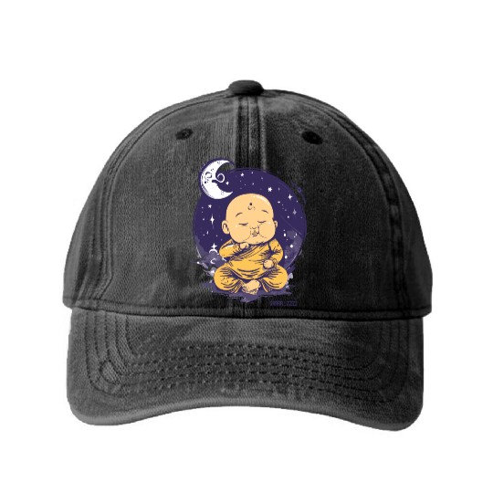 Sleepy Baby Buddha with Moon and Stars Washed Denim Baseball Caps