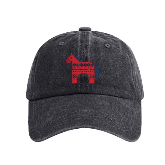 Minimalist Red Nordic Dala Horse Design Washed Denim Baseball Caps