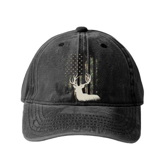 Whitetail Buck Deer Hunting American Camouflage Washed Denim Baseball Caps