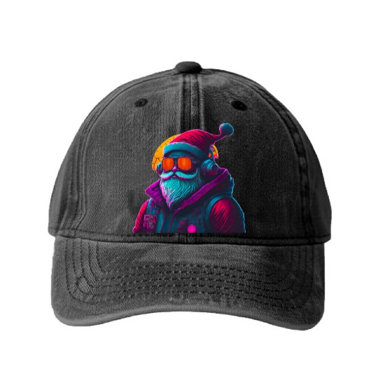 Retro Cool Santa Claus with Headphones Neon Colors Washed Denim Baseball Caps