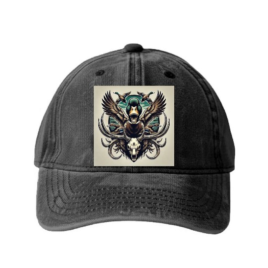 Mallard duck flying over deer skull in marsh Washed Denim Baseball Caps