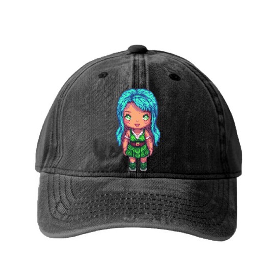 Mystic Emerald Sprite - Pixel Art Design Washed Denim Baseball Caps