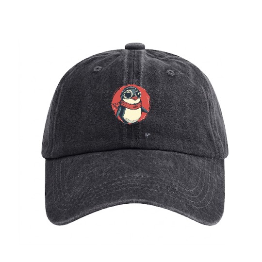 Cute Happy Penguin with Glasses and Scarf Washed Denim Baseball Caps