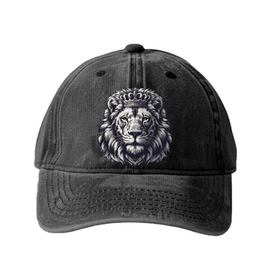 Royal Lion Face with Crown Black and Grey Washed Denim Baseball Caps