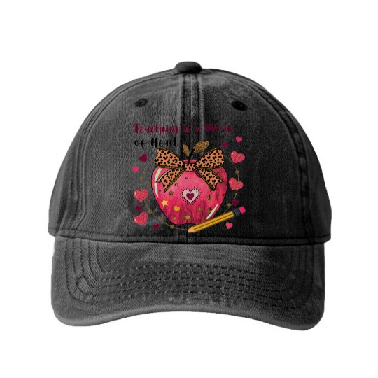 Teacher Coquette Bow Valentine Apple Washed Denim Baseball Caps