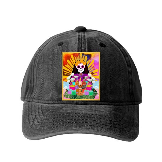 Rainbow Butterfly Santa Muerte Washed Denim Baseball Caps